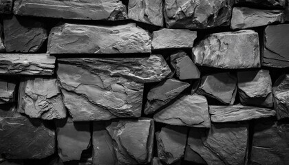 black background wall faced with artificial stone imitating weathered slate colored in black monochrome photo