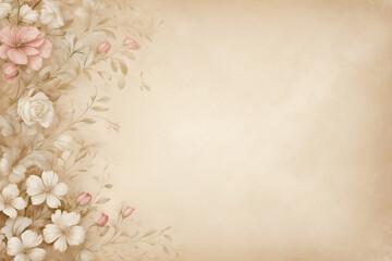 Soft pastel color beige parchment background with delicate floral pattern, copy space wallpaper, vintage design.