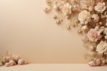 Beige background with roses. Delicate roses on a soothing pastel beige background for an advertisement or message.