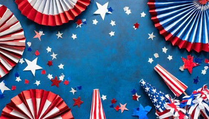 4th of july usa presidents day independence day memorial day us election concept red white and blue paper fans with stars confetti on blue background flat lay top view copy space banner