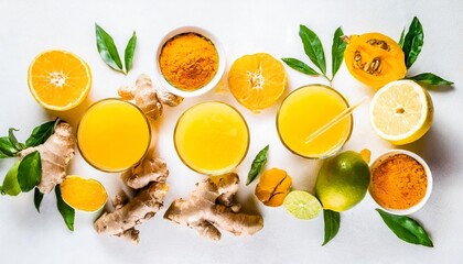 immune boosting natural vitamin health defending drink flat lay of fresh turmeric ginger and citrus juice shots over white background top view wide composition vegan immunity system booster