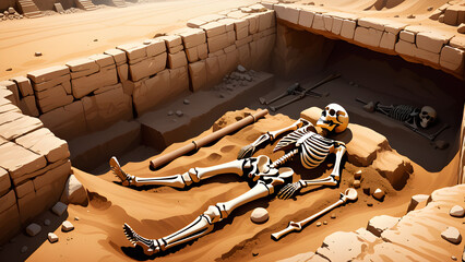 archaeological excavations of an ancient human skeleton background - obrazy, fototapety, plakaty
