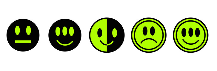 Vector illustration of smilies. Black and green colors. Y2k style