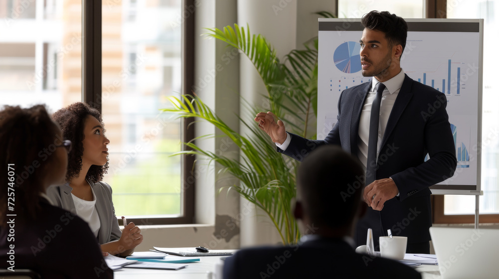 Poster business presentation taking place with a well-dressed man pointing at a chart on a display board wh