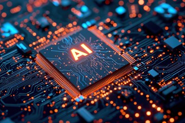 AI text on computer printed circuit board ,AI microprocessor closeup. - obrazy, fototapety, plakaty
