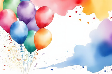 Brightly colored watercolor balloons on a watercolor paint splash background.