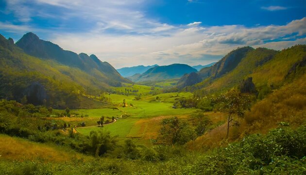 a beautiful valley surrounded with mountains and hills natural summer background nature landscape wallpaper created using tools