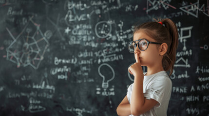 thoughtful young student standing in front of a blackboard filled with complex scientific formulas