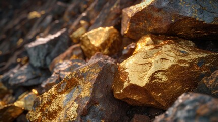 A pile of rocks with gold paint on them. Suitable for various design projects