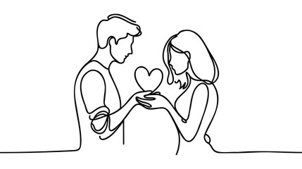 Valentine's Day. Man and woman hold a heart. One line illustration. Give love.