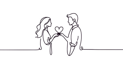 Valentine's Day. Man and woman hold a heart. One line illustration. Give love.