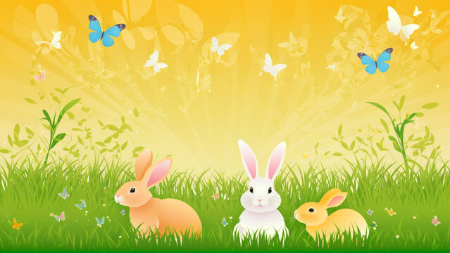 Serene Spring Scenery With Three Cartoon Rabbits and Butterflies on a Sunny Meadow