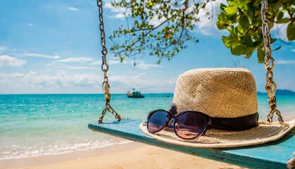 Fototapeta na wymiar hat and sunglasses or summer accessories on swing in sunlight at the beach vacation concept background