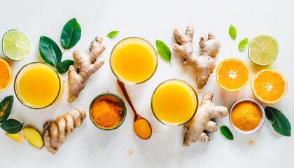 immune boosting natural vitamin health defending drink flat lay of fresh turmeric ginger and citrus juice shots over white background top view wide composition vegan immunity system booster - obrazy, fototapety, plakaty