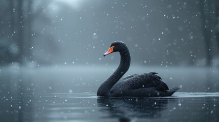  a black swan floating on top of a body of water in the middle of a forest filled with trees during a snowstorm with falling on it's leaves.
