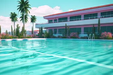 Summer hotel with pool in vaporwave style, pink and blue colors