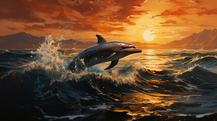 a dolphin jumping out of the ocean waves at sunset. - obrazy, fototapety, plakaty