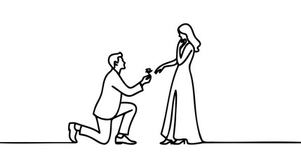 Man stands on one knee and puts a ring on the finger of her left hand to a woman standing next to her.
