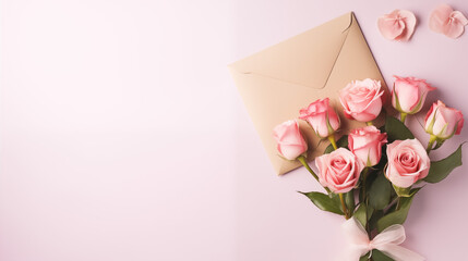 Walentynki - tło na życzenia. Mockup, szablon z tulipanami, kopertą i listem z wyznaniem uczuć miłości. Kwiaty dla zakochanej kobiety - obrazy, fototapety, plakaty
