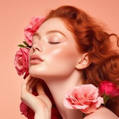 A vibrant woman with fiery red hair adorned in a crown of delicate flowers gazes confidently at the camera, her lips painted a bold shade of rose, as she stands against a wall decorated with cascadin
