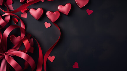 Walentynki 14 lutego - romantyczne ciemne minimalistyczne tło na życzenia. Mockup, szablon z prezentem, sercem i dekoracjami dla zakochanych. Symbol wyznana uczuć miłości. Kwiaty dla zakochanej - obrazy, fototapety, plakaty