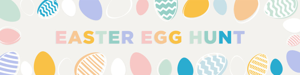 Easter Egg hunt banner template. Greeting card, poster or banner with Easter eggs. Spring background