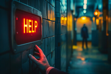 Hand of man with a neon help sign in a corridor. Asking for help, need assistance, psychology mental health concept - obrazy, fototapety, plakaty