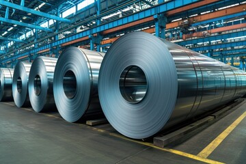 Rolls of galvanized steel sheet inside the factory or warehouse.