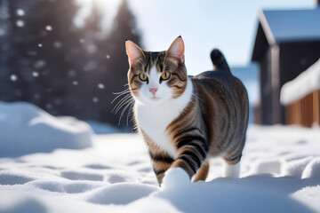 A beautiful cat is walking in the snow in front of a house on a sunny winter day.