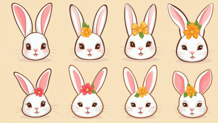 Several bunnies adorned with colorful flowers arranged in a bunch.