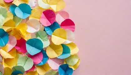 colorful paper confetti on pastel pink background with copy space