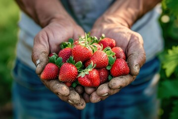 Farmer hands holding fresh strawberries - obrazy, fototapety, plakaty