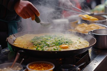 street food. fried noodles in a wok with chicken and shrimp on the open fire