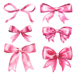 Set of watercolor ribbon bows isolated on transparent background. Pink silk bows knots as event decorative design elements. hand-drawn illustration