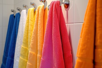 Group of towels neatly hung in a luxury hotel bathroom