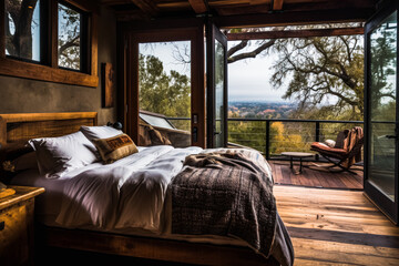 Rustic bedroom with balcony showcasing natural light and scenic views. Wooden furniture and warm colors create a cozy and inviting atmosphere.