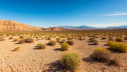 a dry and brown landscape in the desert during a summer drought with wilted plants struggling to survive on the parched ground
