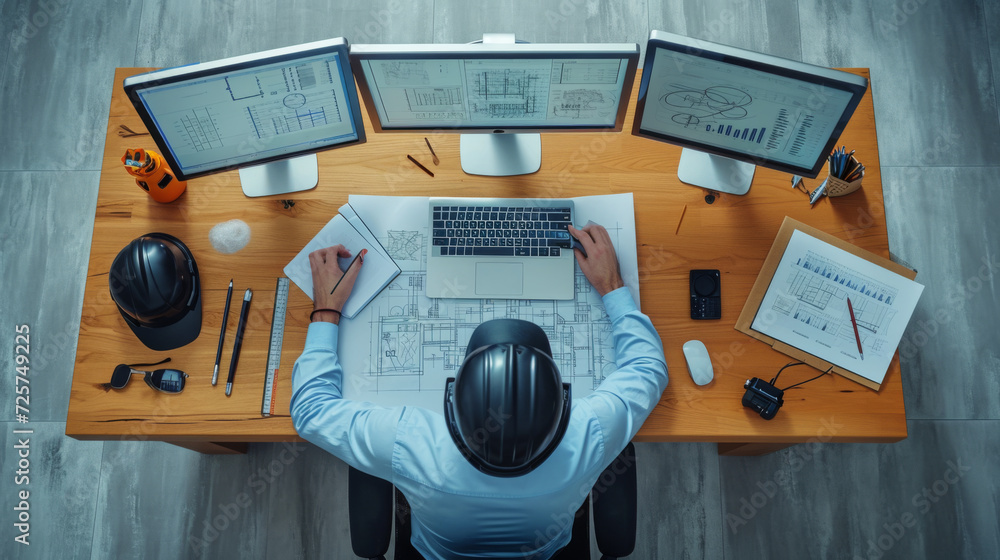 Poster overhead shot of an architect working at a desk with blueprints