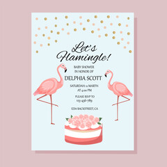 Flamingo party invitation.Baby shower invitations with flamingo cartoon character set.Birthday cards with cute animals.Wedding,Valentine's Day, baby shower,save the date,birthday.Vector illustration.