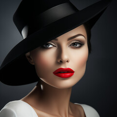 A stunning model poses with fierce confidence, donning a black fedora and bold red lipstick for a fashion photo shoot