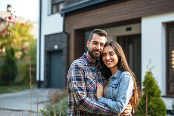 Start a family Happy young couple standing in front of new house Husband and wife buy a new house