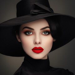 A stylish woman with a fedora hat and bold red lipstick poses confidently indoors, exuding fashion and flair