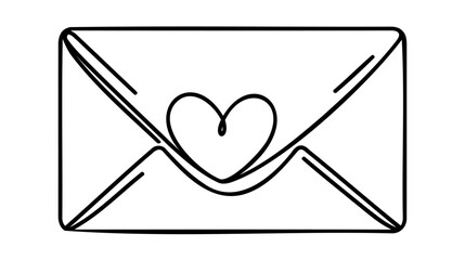 Continuous line drawing of envelope with red heart. Valentine's day. Template for love cards and invitations.