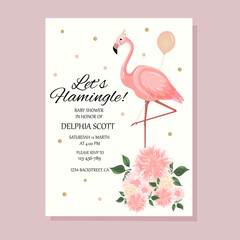 Obraz na płótnie Canvas Flamingo party invitation.Baby shower invitations with flamingo cartoon character set.Birthday cards with cute animals.Wedding,Valentine's Day, baby shower,save the date,birthday.Vector illustration.