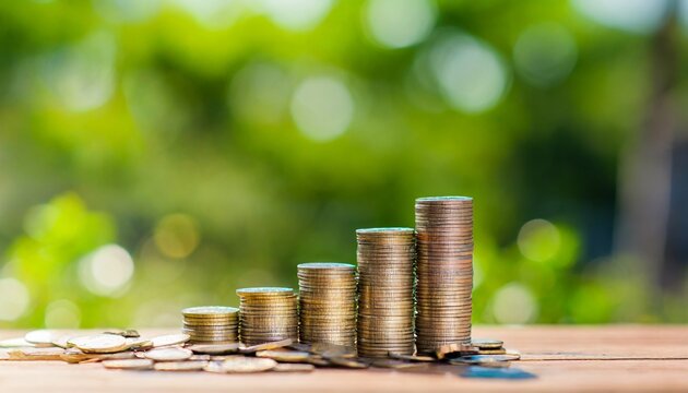 coins stack on wooden table with green bokeh background