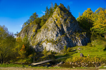 Rock in Biala Woda nature reserve in autumn, Pieniny Mountains, Poland.