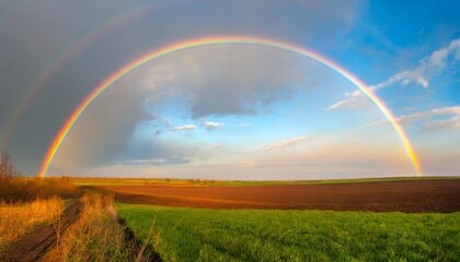 tranquil agricultural landscape with a magical rainbow at sunset ukraine europe