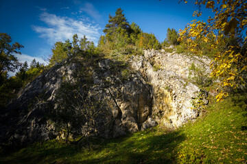 Rock in Biala Woda nature reserve in autumn, Pieniny Mountains, Poland.