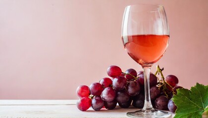 a glass of rose wine with grapes on pastel pink background