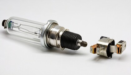 new automotive halogen light bulb with soldered short piece of wire and flat connector isolated on white background